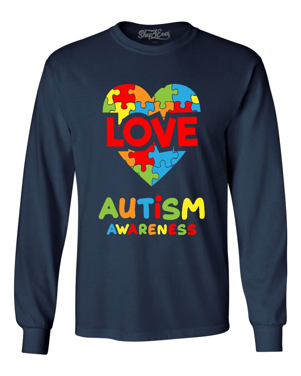 Shop4Ever Men's Love Puzzle Heart Autism Awareness Long Sleeve Shirt Large Navy