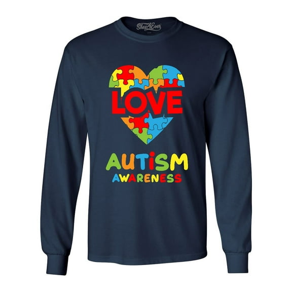 Shop4Ever Men's Love Puzzle Heart Autism Awareness Long Sleeve Shirt XXX-Large Navy