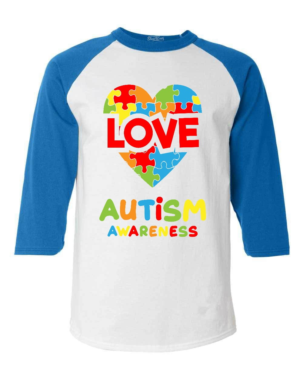 Shop4Ever Men's Love Puzzle Heart Autism Awareness Raglan Baseball Shirt Medium White/Blue