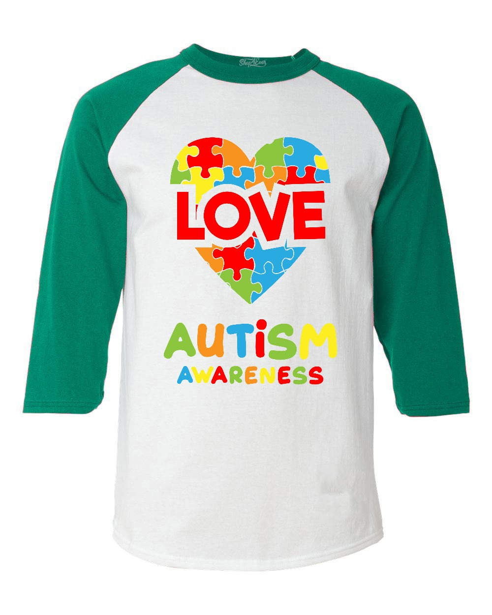 Shop4Ever Men's Love Puzzle Heart Autism Awareness Raglan Baseball Shirt Medium White/Kelly