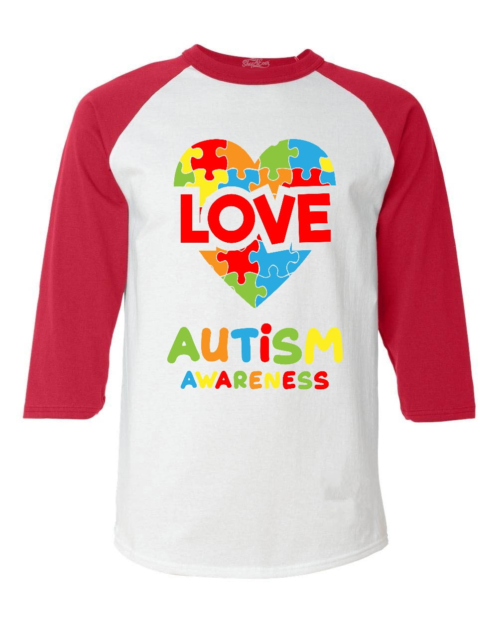 Shop4Ever Men's Love Puzzle Heart Autism Awareness Raglan Baseball Shirt Medium White/Red