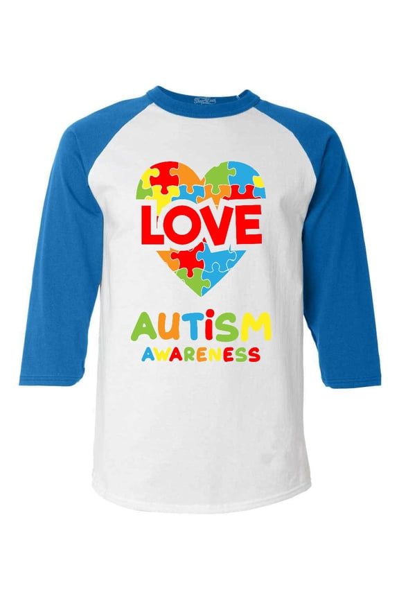 Men's Love Puzzle Heart Autism Awareness Raglan Baseball Shirt X-Small White/Blue