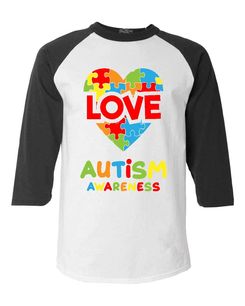 Shop4Ever Men's Love Puzzle Heart Autism Awareness Raglan Baseball Shirt XX-LargeWhite/Black