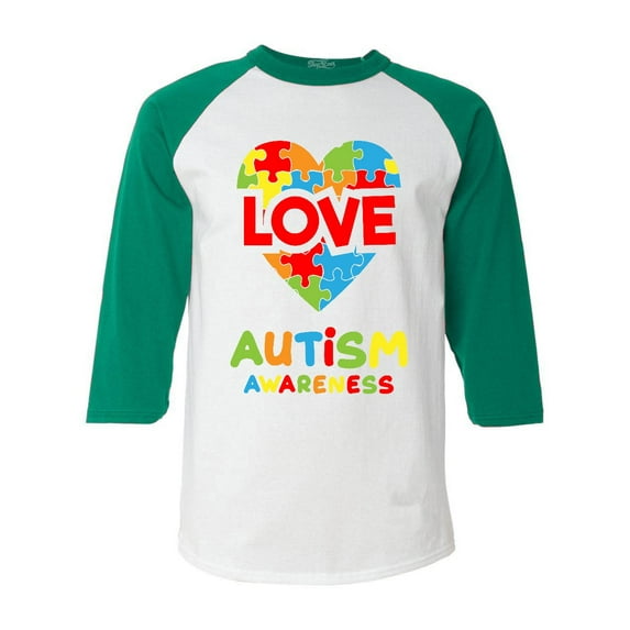 Shop4Ever Men's Love Puzzle Heart Autism Awareness Raglan Baseball Shirt XX-LargeWhite/Kelly