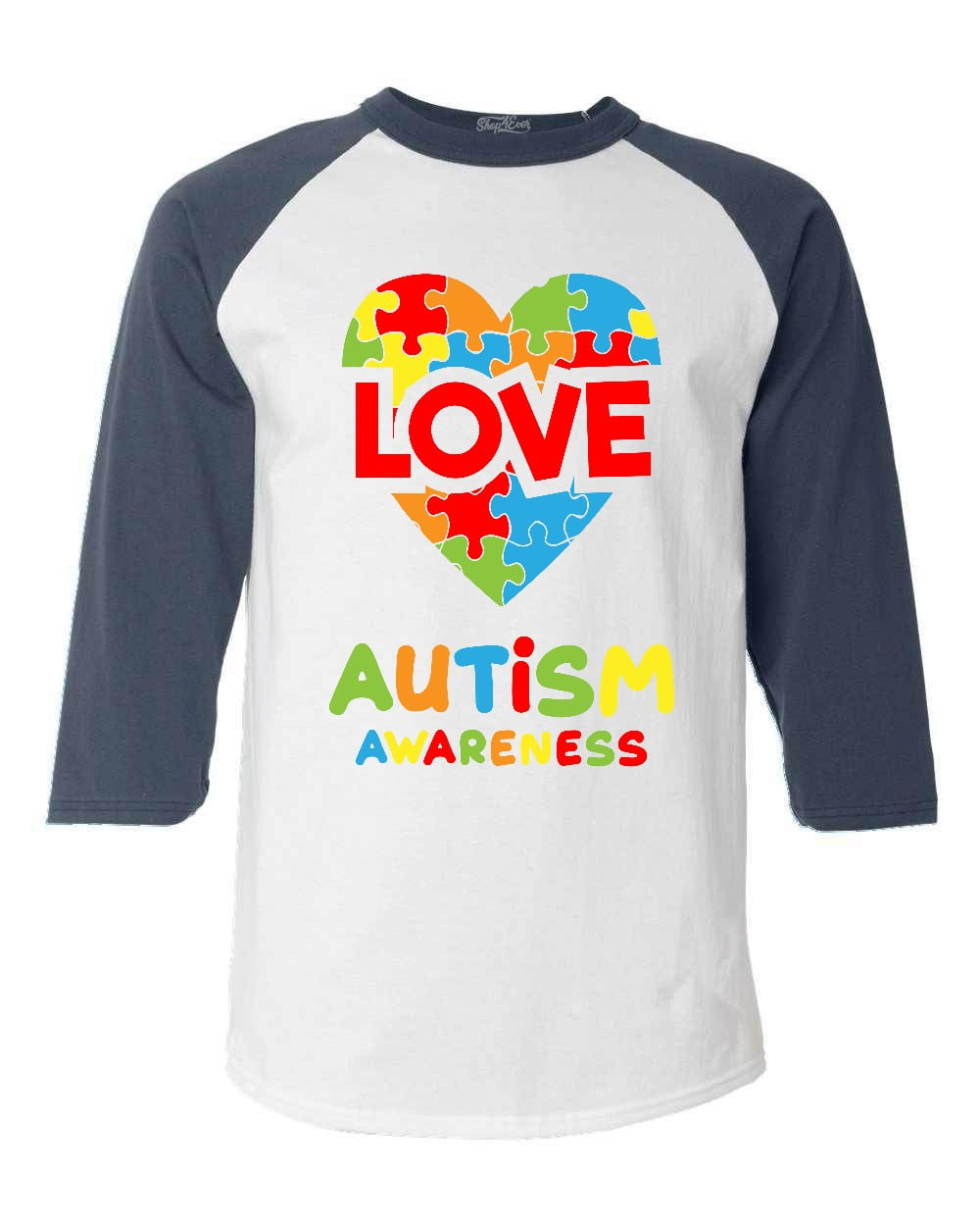 Shop4Ever Men's Love Puzzle Heart Autism Awareness Raglan Baseball Shirt XX-LargeWhite/Navy