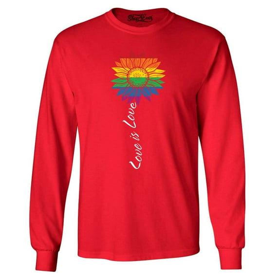 Shop4Ever Men's Love is Love Rainbow Flower Gay LGBTQ Pride Long Sleeve Shirt Medium Red