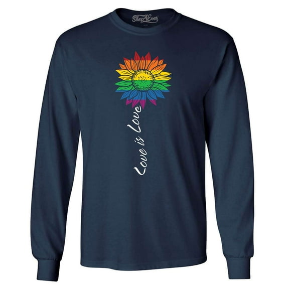 Shop4Ever Men's Love is Love Rainbow Flower Gay LGBTQ Pride Long Sleeve Shirt Small Navy