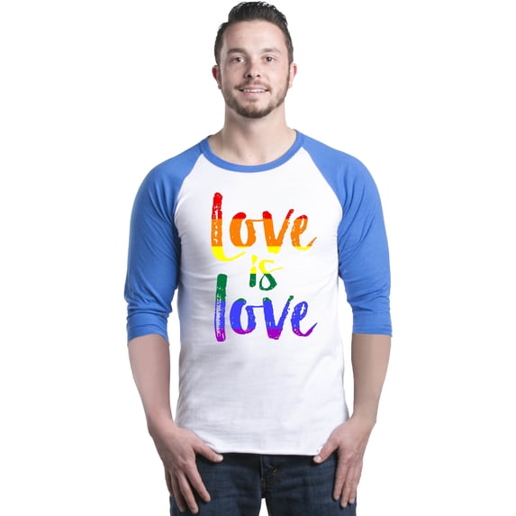 Shop4Ever Men's Love is Love Rainbow Gay Pride Raglan Baseball Shirt Small White/Blue
