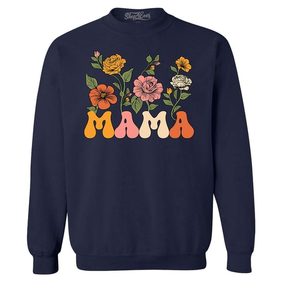 Shop4Ever Men's Mama Floral Flowers Retro Aesthetic Crewneck Sweatshirt Medium Navy