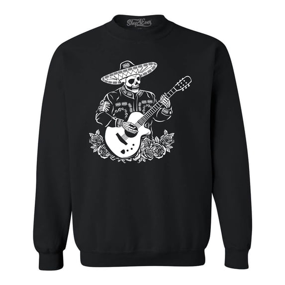 Shop4Ever Men's Mariachi Skeleton Guitar Crewneck Sweatshirt Small Black