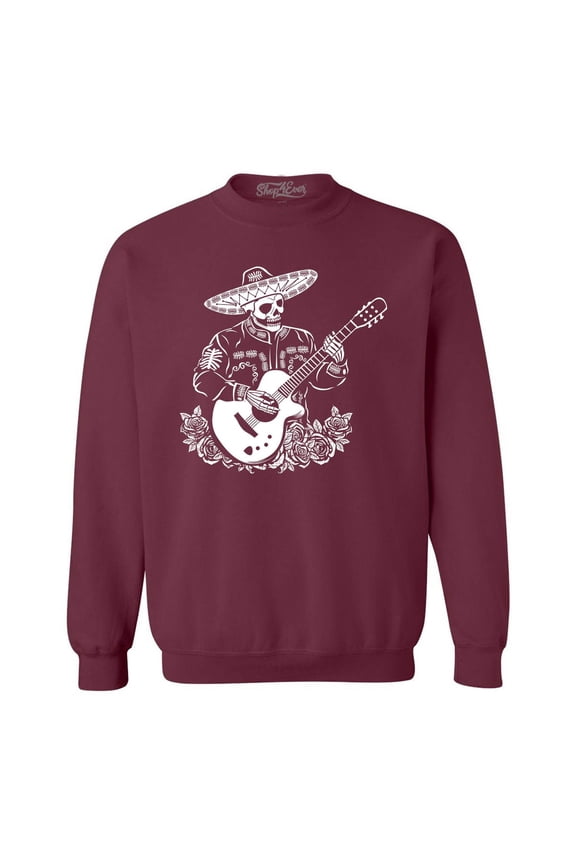 Men's Mariachi Skeleton Guitar Crewneck Sweatshirt Small Maroon