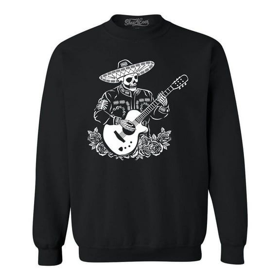 Shop4Ever Men's Mariachi Skeleton Guitar Crewneck Sweatshirt X-Large Black