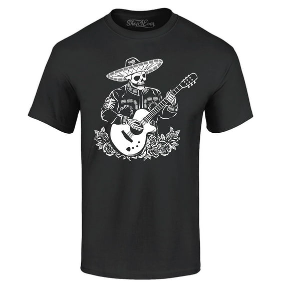 Shop4Ever Men's Mariachi Skeleton Guitar Graphic T-shirt Small Black