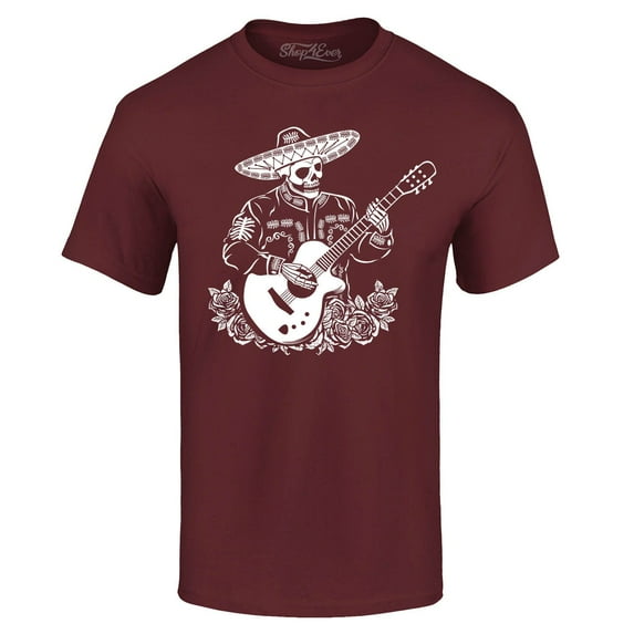 Shop4Ever Men's Mariachi Skeleton Guitar Graphic T-shirt XXX-Large Maroon