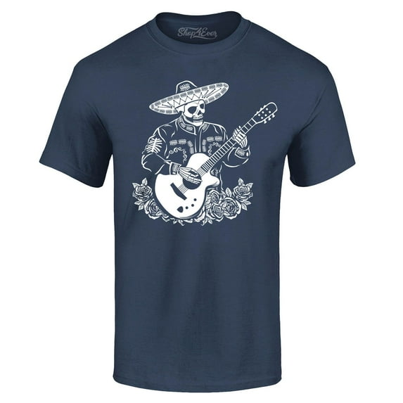 Shop4Ever Men's Mariachi Skeleton Guitar Graphic T-shirt XXXXX-Large Navy