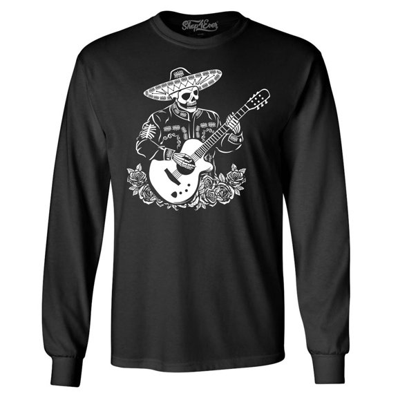 Shop4Ever Men's Mariachi Skeleton Guitar Long Sleeve Shirt Large Black