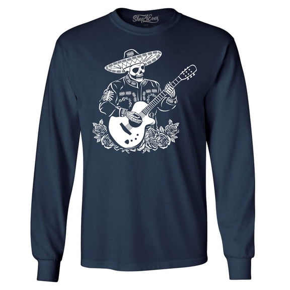 Shop4Ever Men's Mariachi Skeleton Guitar Long Sleeve Shirt Large Navy