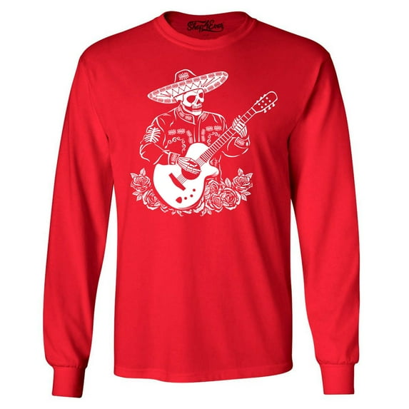 Shop4Ever Men's Mariachi Skeleton Guitar Long Sleeve Shirt Large Red