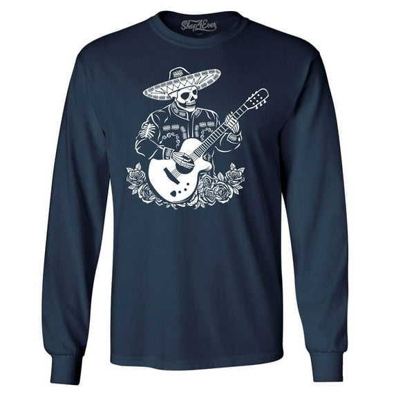 Shop4Ever Men's Mariachi Skeleton Guitar Long Sleeve Shirt Small Navy
