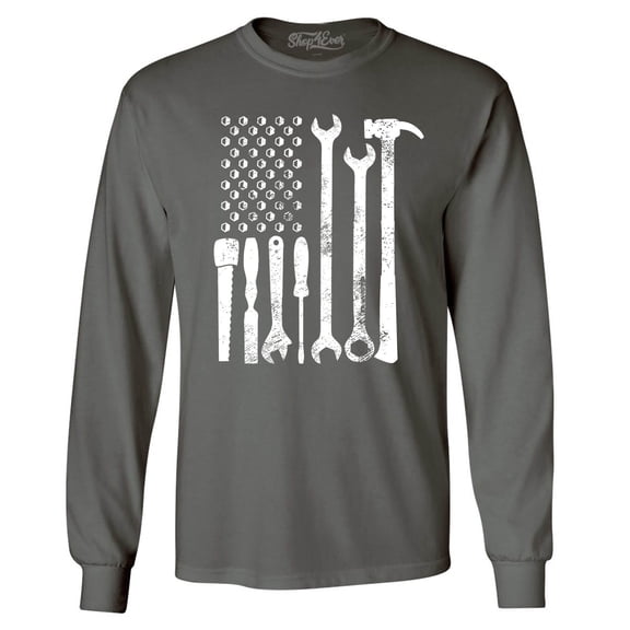 Shop4Ever Men's Mechanic Tool American Flag USA Long Sleeve Shirt Large Charcoal
