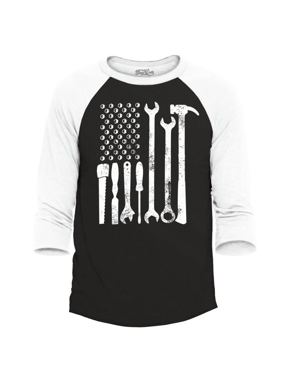 Men's Mechanic Tool American Flag USA Raglan Baseball Shirt Large Black/White