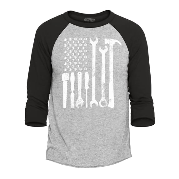 Shop4Ever Men's Mechanic Tool American Flag USA Raglan Baseball Shirt Large Heather Grey/Black