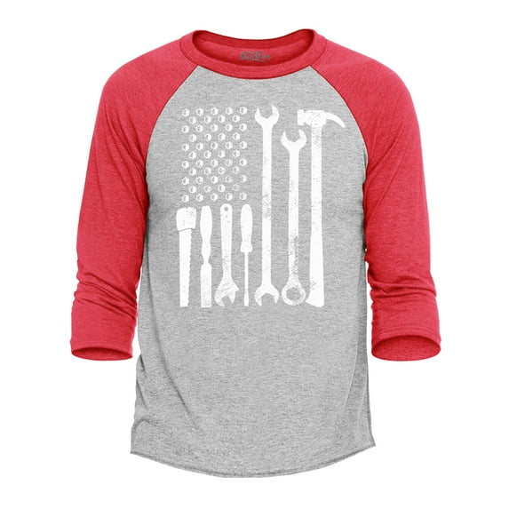 Shop4Ever Men's Mechanic Tool American Flag USA Raglan Baseball Shirt Large Heather Grey/Red