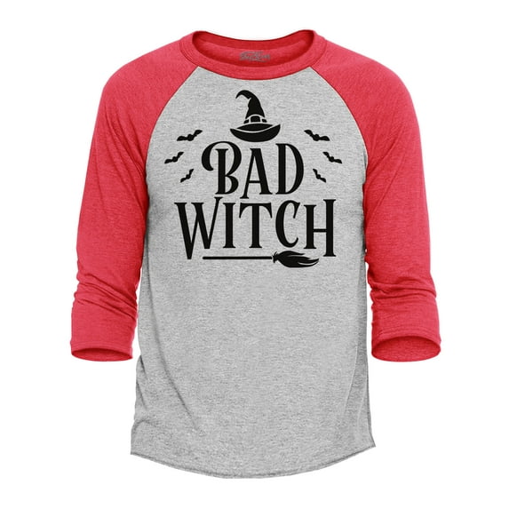 Shop4Ever Men's Men's Bad Witch "BLACK" Halloween Costume Raglan Baseball Shirt X-Large Heather Grey/Red