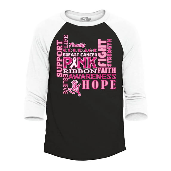 Shop4Ever Men's Men's Breast Cancer Support Fight Ribbon Awareness Raglan Baseball Shirt Large Black/White