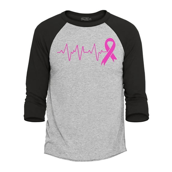 Shop4Ever Men's Men's Heartbeat Pink Ribbon Breast Cancer Awareness Raglan Baseball Shirt X-Small Heather Grey/Black