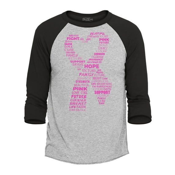 Shop4Ever Men's Men's Pink Ribbon Heart Montage Word Cloud Breast Cancer Raglan Baseball Shirt XX-Large Heather Grey/Black