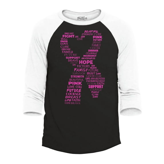 Shop4Ever Men's Men's Pink Ribbon Heart Montage Word Cloud Breast Cancer Raglan Baseball Shirt XXX-Large Black/White