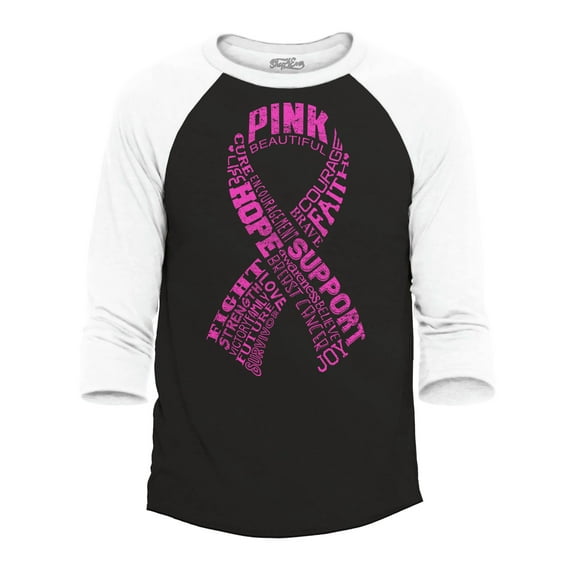 Shop4Ever Men's Men's Pink Ribbon Montage Word Cloud Breast Cancer Raglan Baseball Shirt XXX-Large Black/White