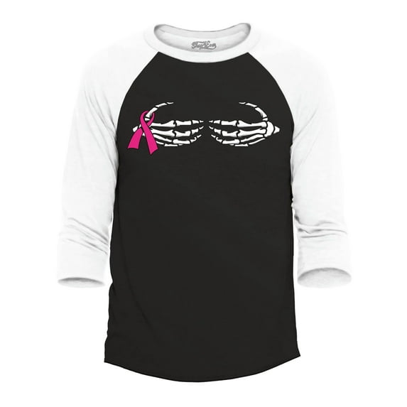 Shop4Ever Men's Men's Skeleton Hands Breast Cancer Awareness Raglan Baseball Shirt Medium Black/White
