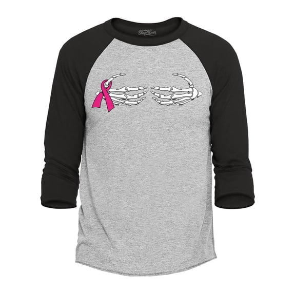 Shop4Ever Men's Men's Skeleton Hands Breast Cancer Awareness Raglan Baseball Shirt X-Small Heather Grey/Black