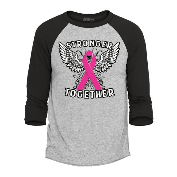 Shop4Ever Men's Men's Stronger Together Breast Cancer Awareness Raglan Baseball Shirt XX-Large Heather Grey/Black