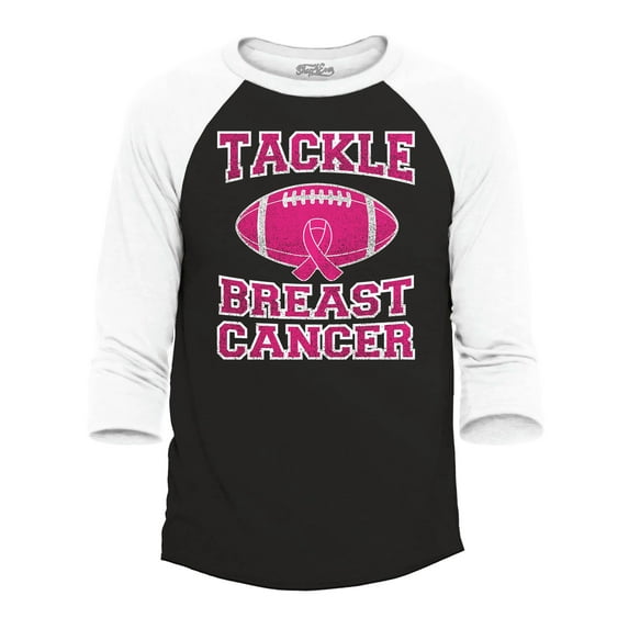 Shop4Ever Men's Men's Tackle Breast Cancer Support Awareness Raglan Baseball Shirt Large Black/White