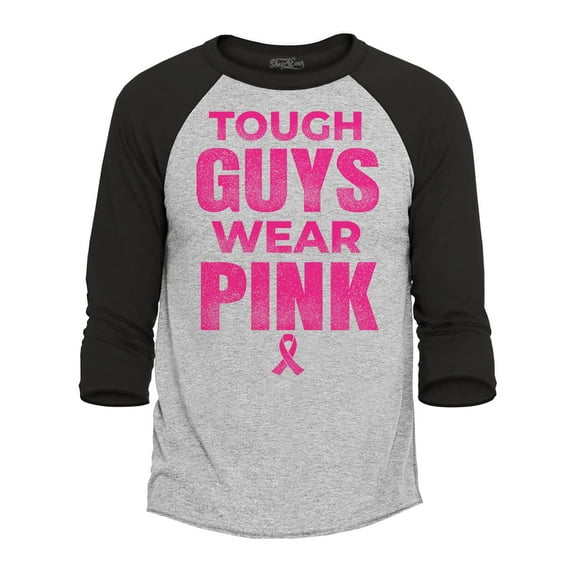 Shop4Ever Men's Men's Tough Guys Wear Pink Breast Cancer Awareness Raglan Baseball Shirt Large Heather Grey/Black