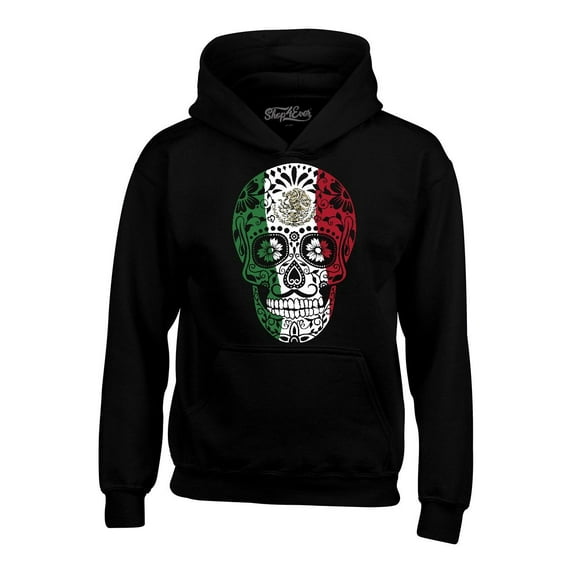 Shop4Ever Men's Mexican Flag Skull Day of the Dead Hooded Sweatshirt Hoodie Small Black