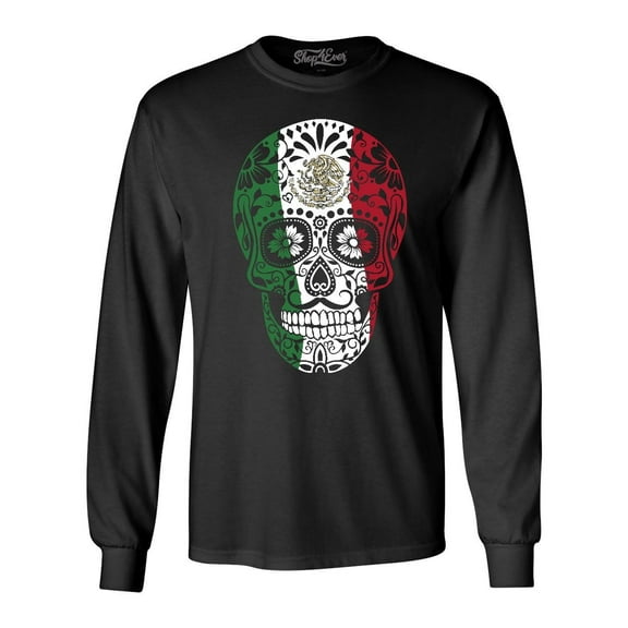 Shop4Ever Men's  Mexican Flag Skull Day of the Dead Long Sleeve Shirt Small Black