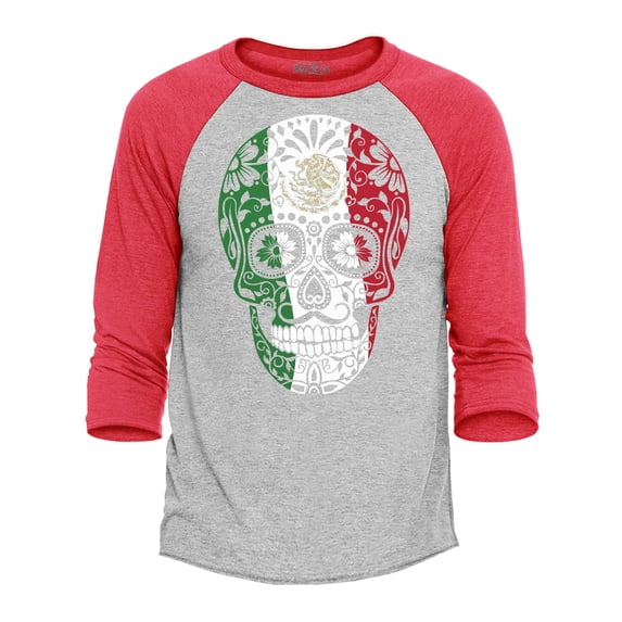 Shop4Ever Men's Mexico Flag Skull Day of the Dead Raglan Baseball Shirt Small Heather Grey/Red