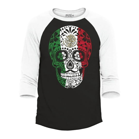Shop4Ever Men's Mexico Flag Skull Day of the Dead Raglan Baseball Shirt X-Large Black/White