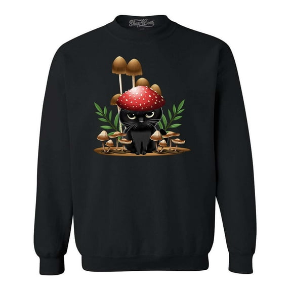 Shop4Ever Men's Mushroom Cat Cottagecore Crewneck Sweatshirt Large Black