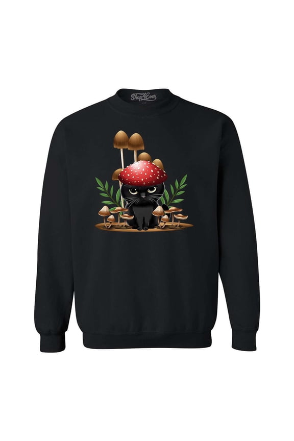 Men's Mushroom Cat Cottagecore Crewneck Sweatshirt Large Black