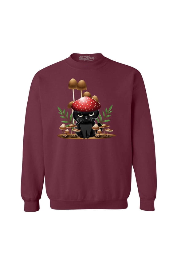 Men's Mushroom Cat Cottagecore Crewneck Sweatshirt Large Maroon