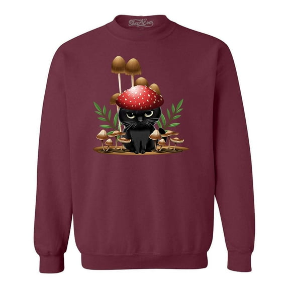 Shop4Ever Men's Mushroom Cat Cottagecore Crewneck Sweatshirt Small Maroon