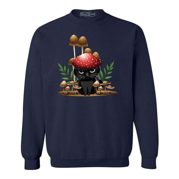 Shop4Ever Men's Mushroom Cat Cottagecore Crewneck Sweatshirt Small Navy