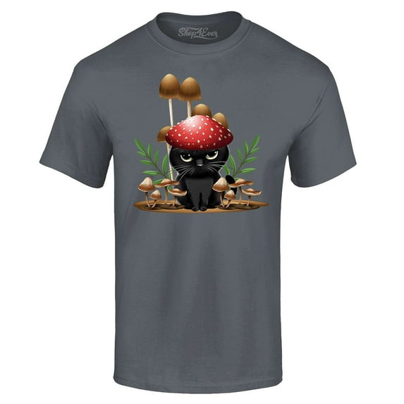 Shop4Ever Men's Mushroom Cat Cottagecore Graphic T-shirt X-Large Black