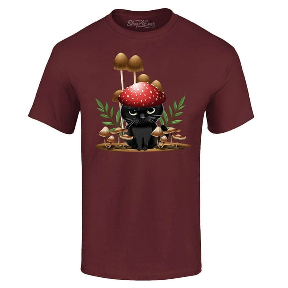 Shop4Ever Men's Mushroom Cat Cottagecore Graphic T-shirt XXX-Large Maroon