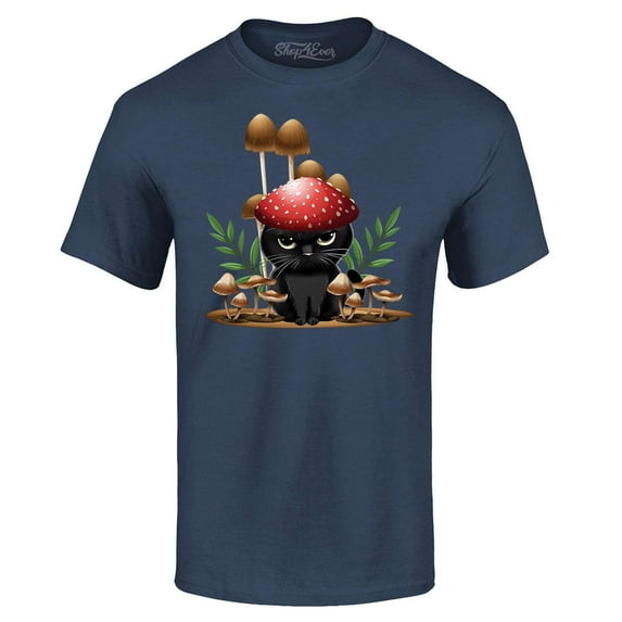 Shop4Ever Men's Mushroom Cat Cottagecore Graphic T-shirt XXXX-Large Navy